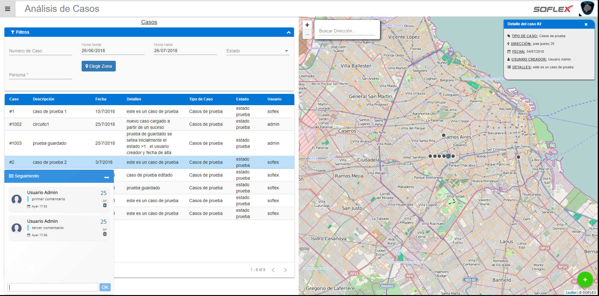 La plataforma de gestión de Casos utiliza como entrada toda la información proveniente de los diferentes sistemas de atención de emergencias, agrupa múltiples ocurrencias de eventos relacionados ya sea por su tipificación más la ubicación y a partir de ese resultado propone un análisis de los mismos en forma agrupada para la generación de un posible caso delictivo en la zona determinada. 